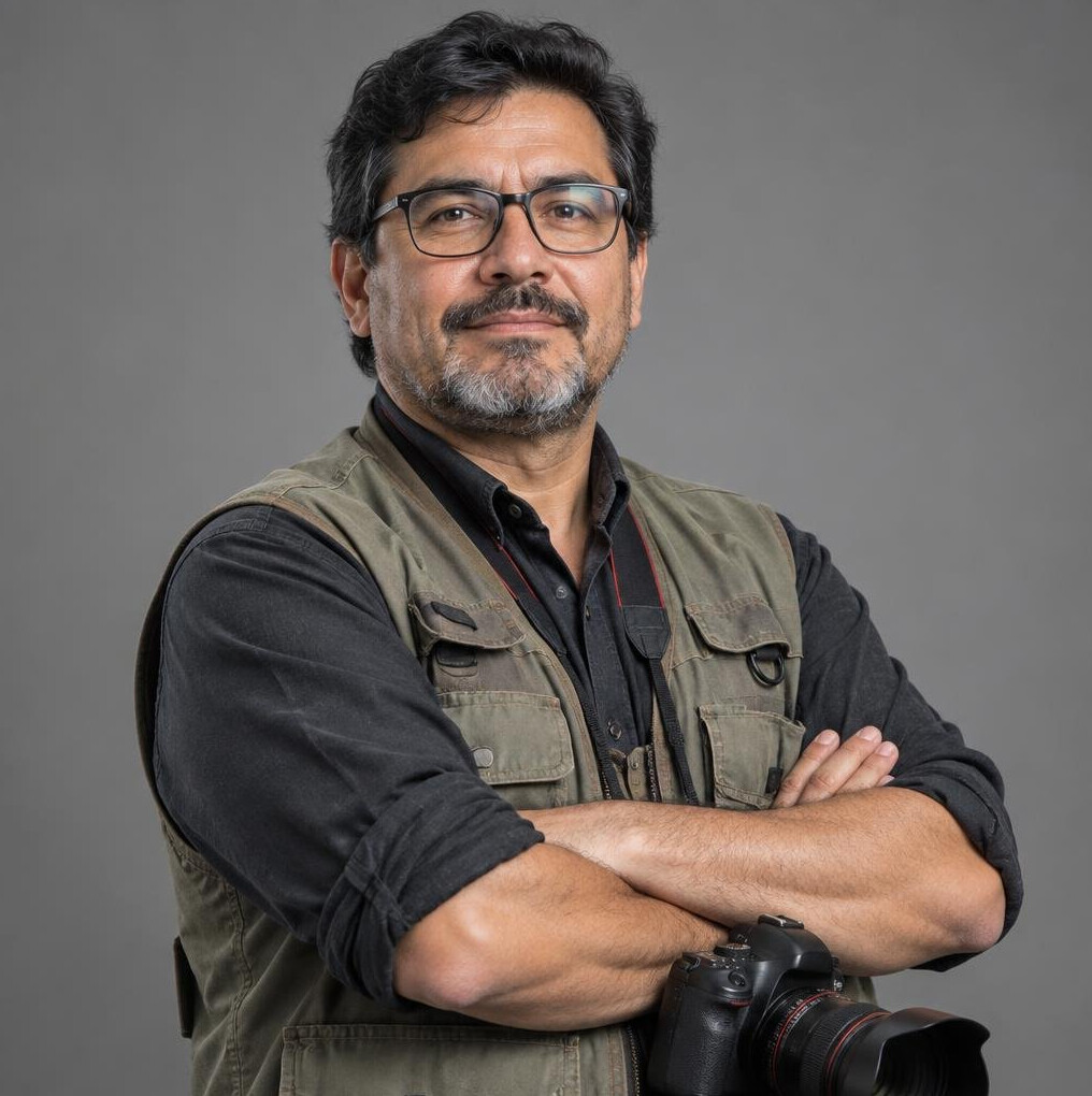 Studio portrait of a middle aged Latino male photojournalist
