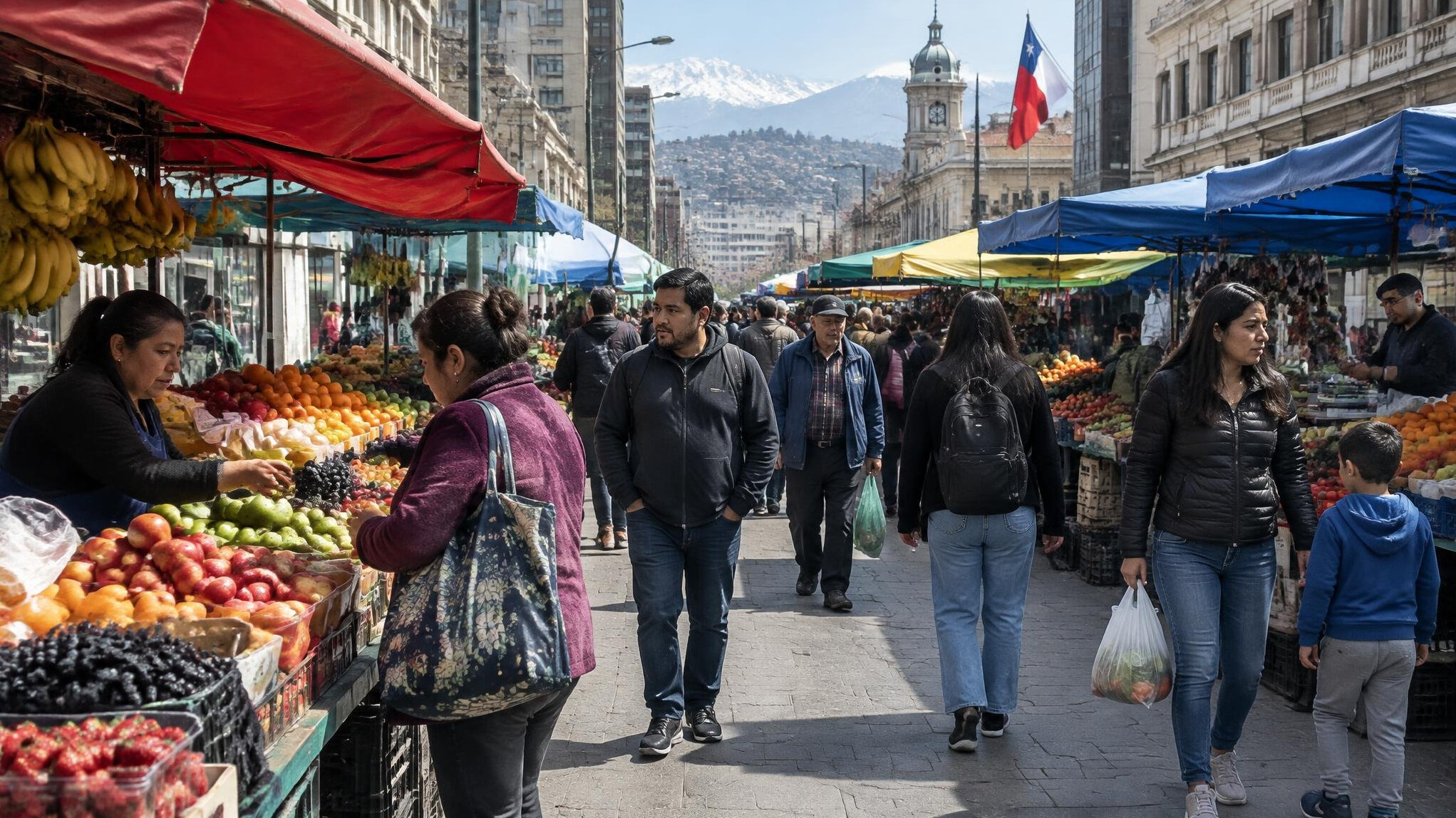 Street market scene in a Chilean city with vendors and pedestrians